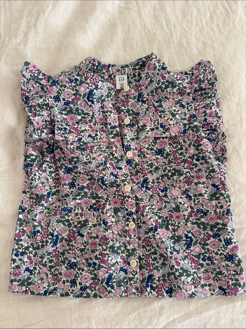 GAP Floral Ruffle Button-Front Top - Pink, Blue & Green